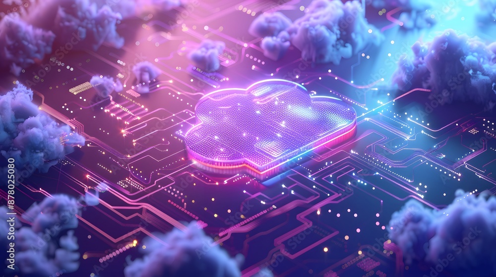 Futuristic cloud computing concept showing a vibrant digital cloud amongst glowing circuits and clouds, symbolizing advanced technology. Futuristic cloud computing concept showing a vibrant digital cloud amongst glowing circuits and clouds, symbolizing advanced technology.