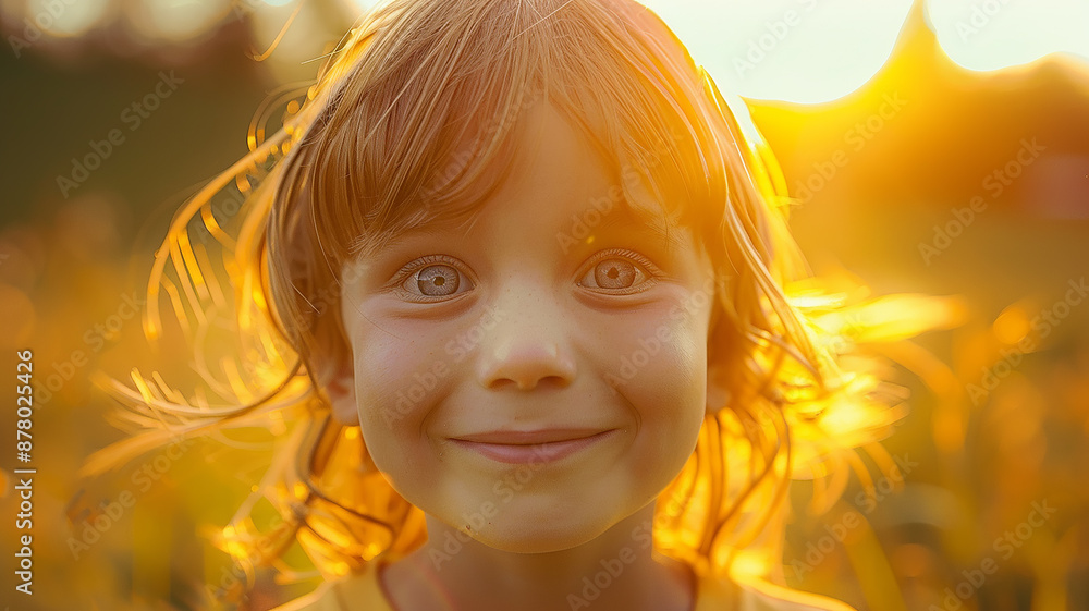 Fototapeta premium A child's face in close-up, a cheerful child looks straight and smiles against the background of the sunset