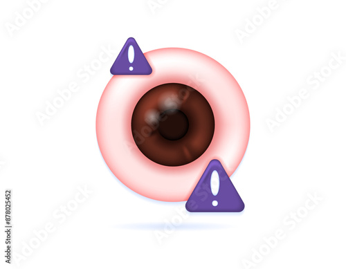 red and irritated eyes. concept of eye health problems. illustration of an eye with a warning sign. symbol or icon. minimalist 3d style design. graphic elements