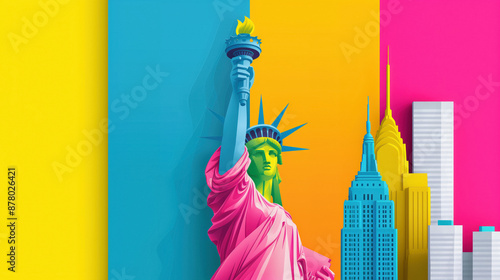 Vibrant pop art illustration featuring the Statue of Liberty and iconic New York City skyscrapers against a bold, colorful background.