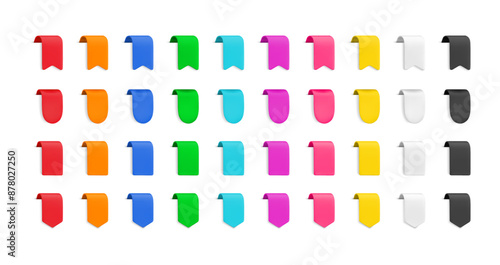 Vector Realistic 3d colorful vertical ribbons bundle. Vintage design element, decorative bookmark sticker with shadow mega set. Cartoon 3d ribbon tag for sale banner, price tag, advert, game, app.
