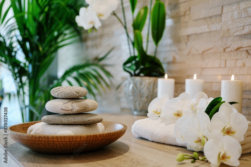 spa with stacked stones, white orchids, candles, and soft towels relaxing environment spa with stacked stones, white orchids, candles, and soft towels relaxing environment