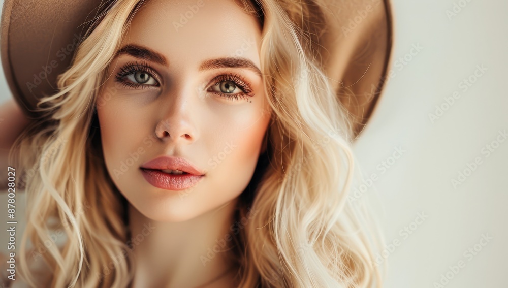 A beautiful blonde woman with blue eyes and long hair wearing an elegant hat posing for the camera. Stunning Beautiful girl blonde hair. Fashionable and originally lady. A beautiful blonde woman with blue eyes and long hair wearing an elegant hat posing for the camera. Stunning Beautiful girl blonde hair. Fashionable and originally lady.