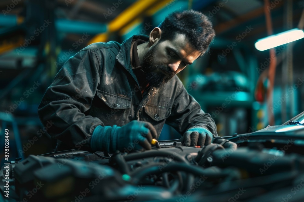 Mechanic diligently works on repairing a car in a well-equipped garage Mechanic diligently works on repairing a car in a well-equipped garage