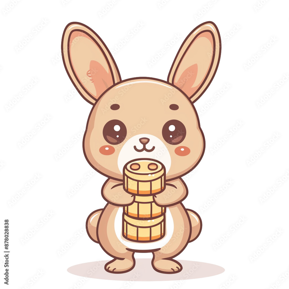 Obraz premium A cute rabbit holding mooncakes in a simple style. This vector illustration features a flat design with a white background