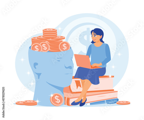 Women manage personal finances. Invest in knowledge and education. Financial literacy concept. Flat vector illustration.