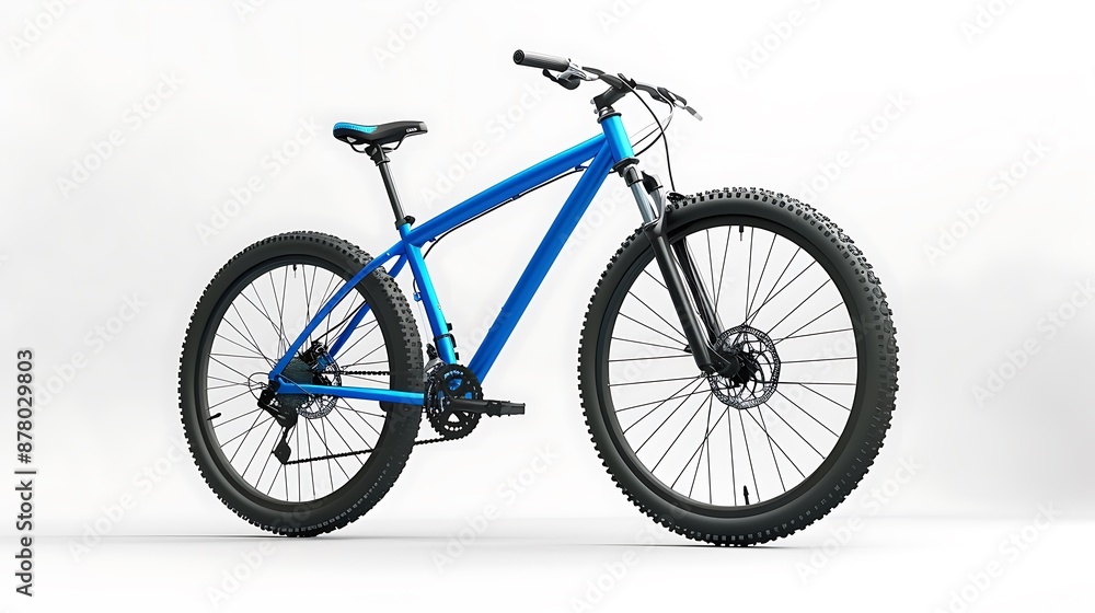Obraz premium Detailed 3D rendering of a blue mountain bike on a white background, displayed in high-definition clarity.