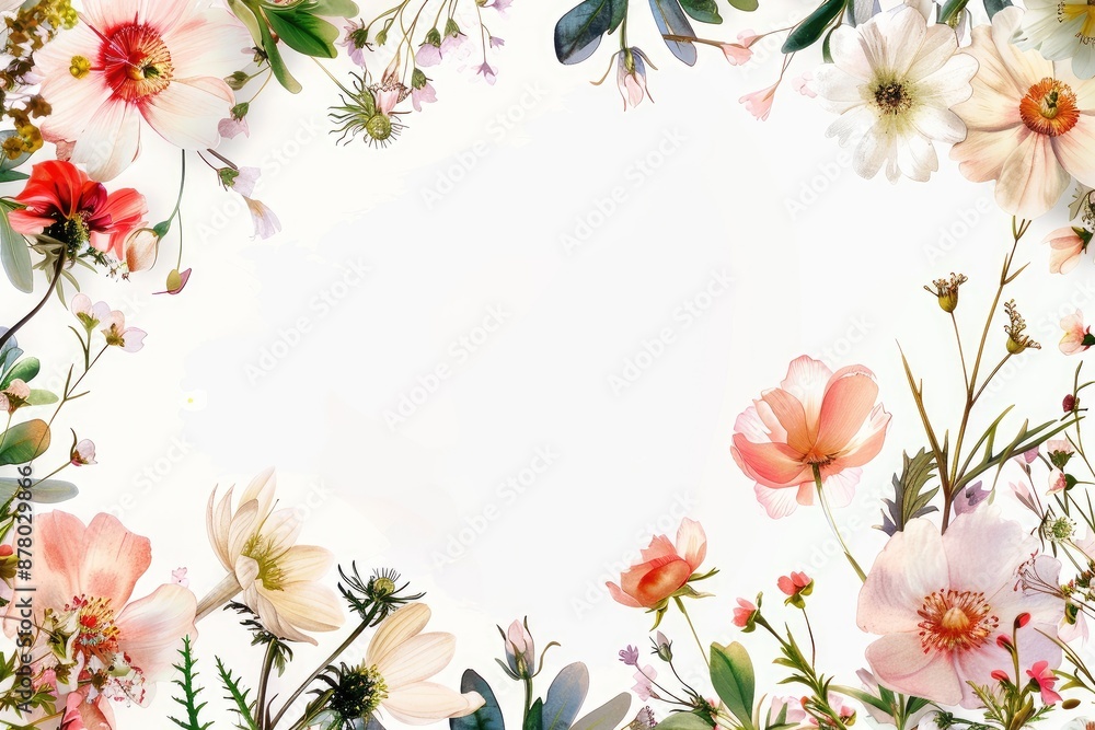 Elegant floral frame with various delicate flowers and foliage on a white background, perfect for invitations and seasonal designs. Elegant floral frame with various delicate flowers and foliage on a white background, perfect for invitations and seasonal designs.