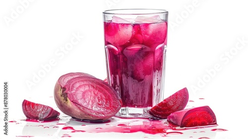 Watercolor beet juice, deep red, glass with beet slices, isolated on white background photo