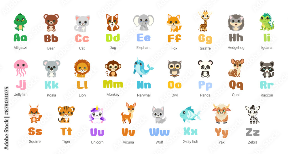A bunch of animals are shown in alphabetical order. The animals include a bear, a cat, a dog, a fish, a frog, a giraffe, a kangaroo, a koala, a lion, a monkey A bunch of animals are shown in alphabetical order. The animals include a bear, a cat, a dog, a fish, a frog, a giraffe, a kangaroo, a koala, a lion, a monkey