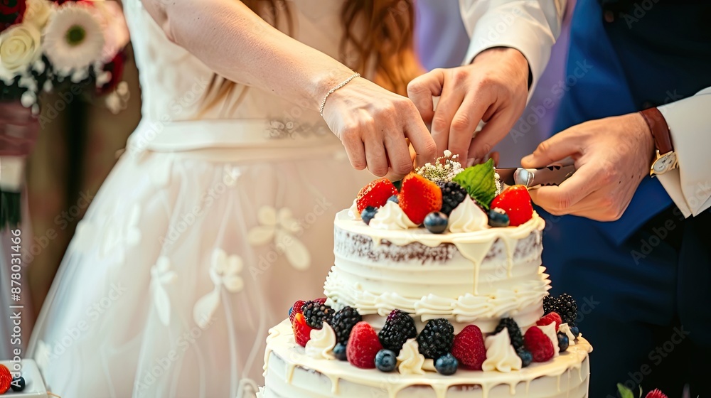 Newlyweds cutting the wedding cake. Marriage, close, blur, delicacy, sweetness, beauty, confectionery. Starting a life together concept. Generative by AI Newlyweds cutting the wedding cake. Marriage, close, blur, delicacy, sweetness, beauty, confectionery. Starting a life together concept. Generative by AI