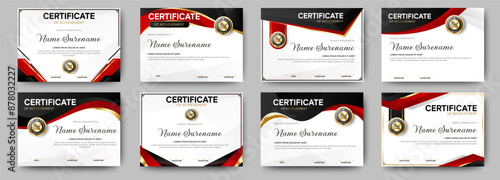 Black and Red certificates template design. eight horizontal diploma certificates. vector