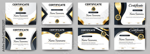 Black and gold certificate of appreciation border template with luxury badge and modern line and shapes. For award, business, and education needs. Diploma vector template