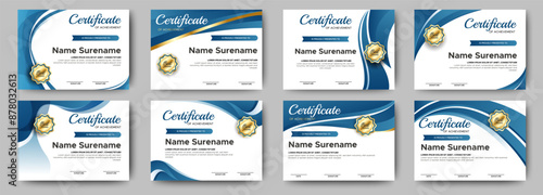 Modern Blue certificate of achievement border template with luxury badge and modern line and shapes. Eight horizontal diploma certificates. vector For award, business, and education needs. Diploma vec