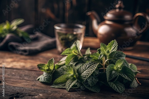 Close-up of green mint leaves. Leaves with noticeable veins and texture. Mint, lemon balm for brewing tea. Herbal tea for the nervous system.