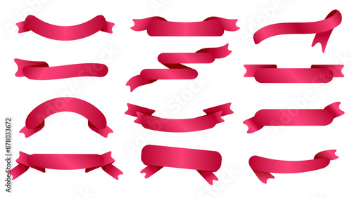 Pink ribbon set isolate on white back ground. Shiny simple shape of ribbons design for labels, frames, text box, decoration. Sweet vivid bright color. Illustration and editable element graphic vector.
