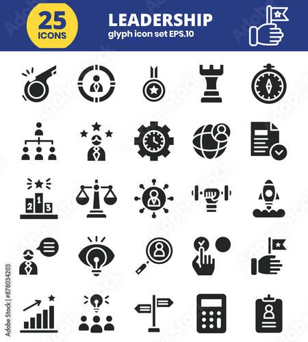 Leadership glyph Editable Icons set. Vector illustration in modern glyph style of management icons: leader, achievement, start up, responsibility, and more