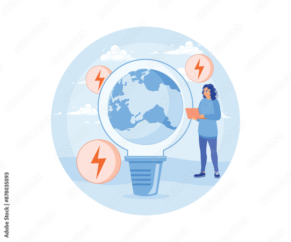 Sustainable economic growth strategy. Humans reuse natural resources and reduce carbon emissions. Circular economy concept. Flat vector illustration. Sustainable economic growth strategy. Humans reuse natural resources and reduce carbon emissions. Circular economy concept. Flat vector illustration.
