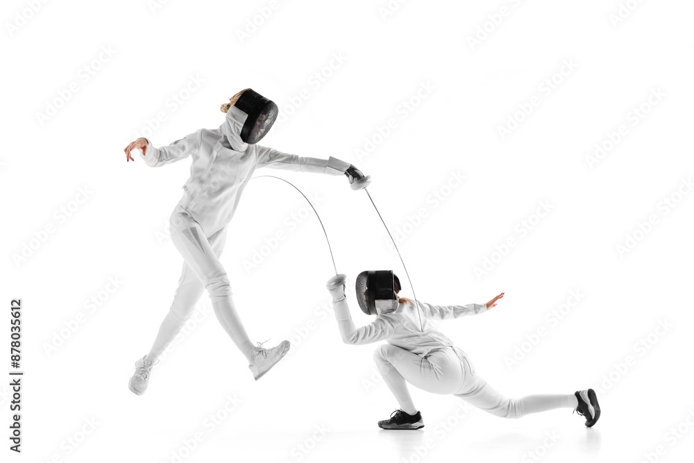 Fencers practice their techniques, honing their reflexes and strategies before decisive battle against white studio background. Concept of professional sport, competition, strength and power, action. Fencers practice their techniques, honing their reflexes and strategies before decisive battle against white studio background. Concept of professional sport, competition, strength and power, action.