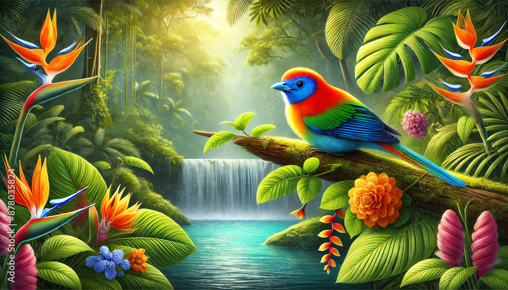 Fototapeta premium A vibrant paradise tanager resting on a branch in a lush, tropical rainforest