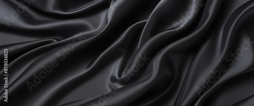 Black silk background with dark luxurious fabric draped texture folds in waves of flowing soft pattern, abstract satin or velvet cloth in luxury material design. ai