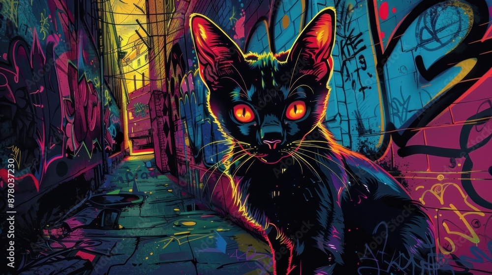 Black Cat in a Neon-Lit Alley Black Cat in a Neon-Lit Alley