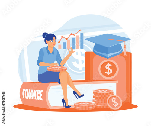 Young woman analyzes financial statistics. Invest to regulate financial balance. Financial education concept. Flat vector illustration.