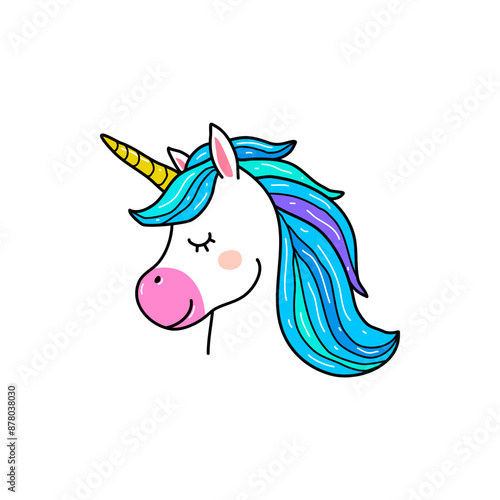 Cute unicorn head illustration with mane and horn