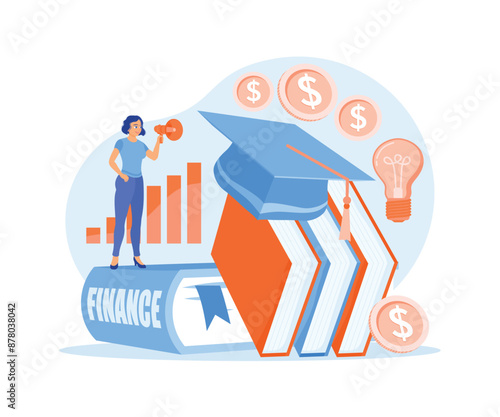 Young women are invited to invest money. Manage personal finances. Financial education concept. Flat vector illustration.