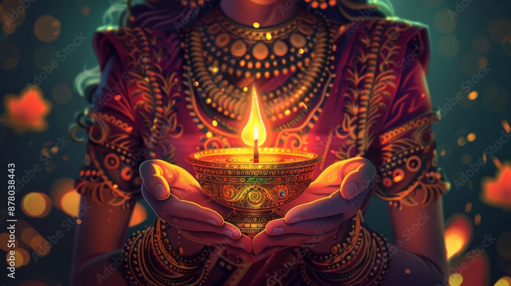 Fototapeta premium hands performing aarti with a lamp, in front of a deity. Cartoon illustrations vectors Generative AI