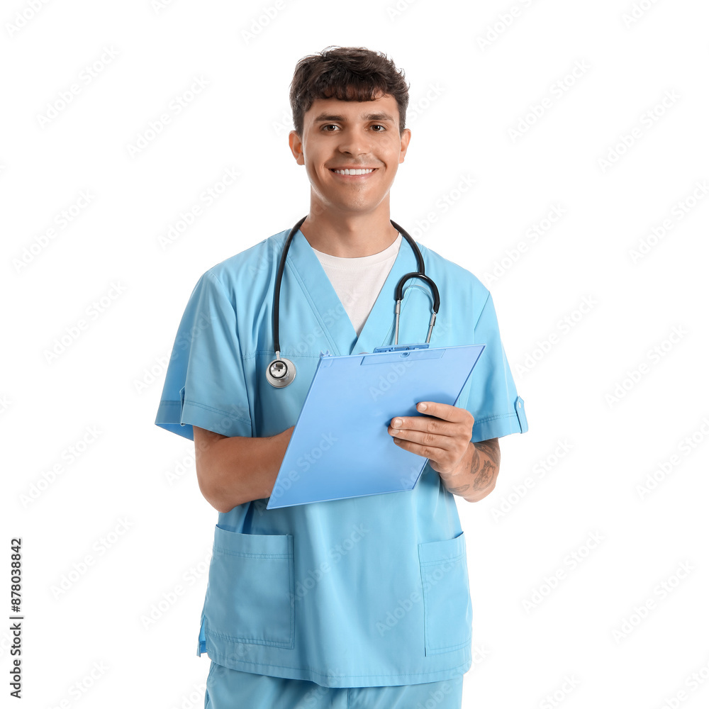 Male medical student with clipboard on white background Male medical student with clipboard on white background