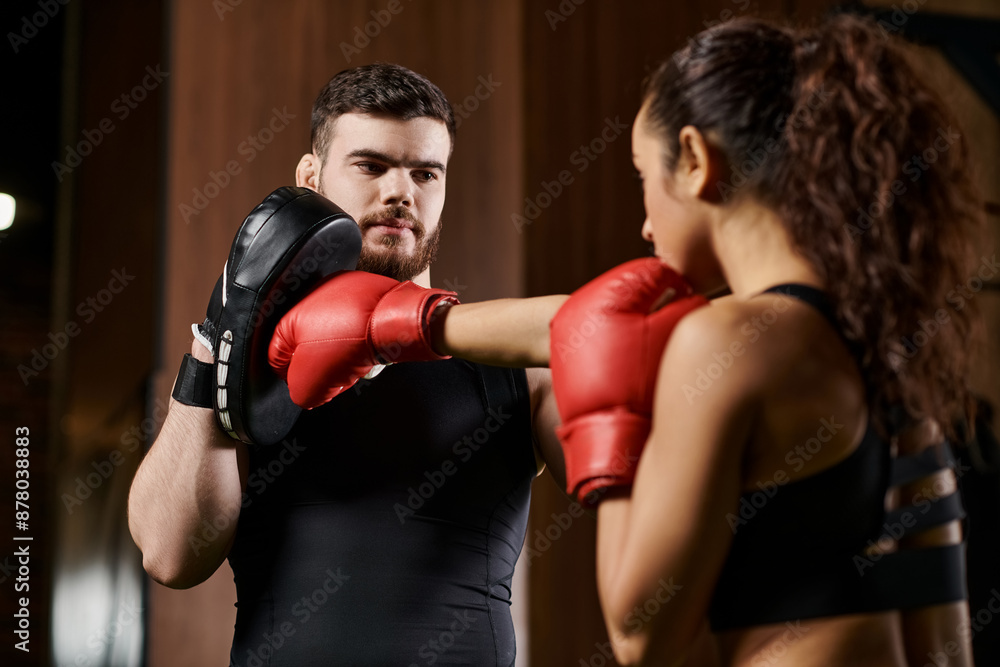 A male trainer coaches a brunette sportswoman as they engage in a boxing match in a gym setting. A male trainer coaches a brunette sportswoman as they engage in a boxing match in a gym setting.
