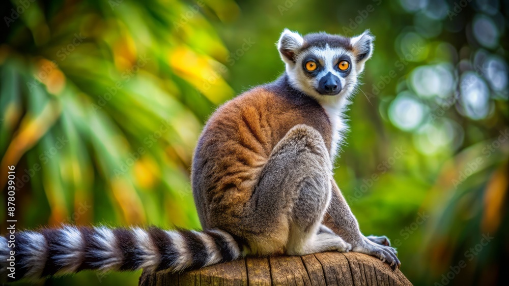 Fototapeta premium A majestic ring-tailed lemur's head, with vibrant eyes and a fluffy coat, sits regally, showcasing its distinctively long tail.