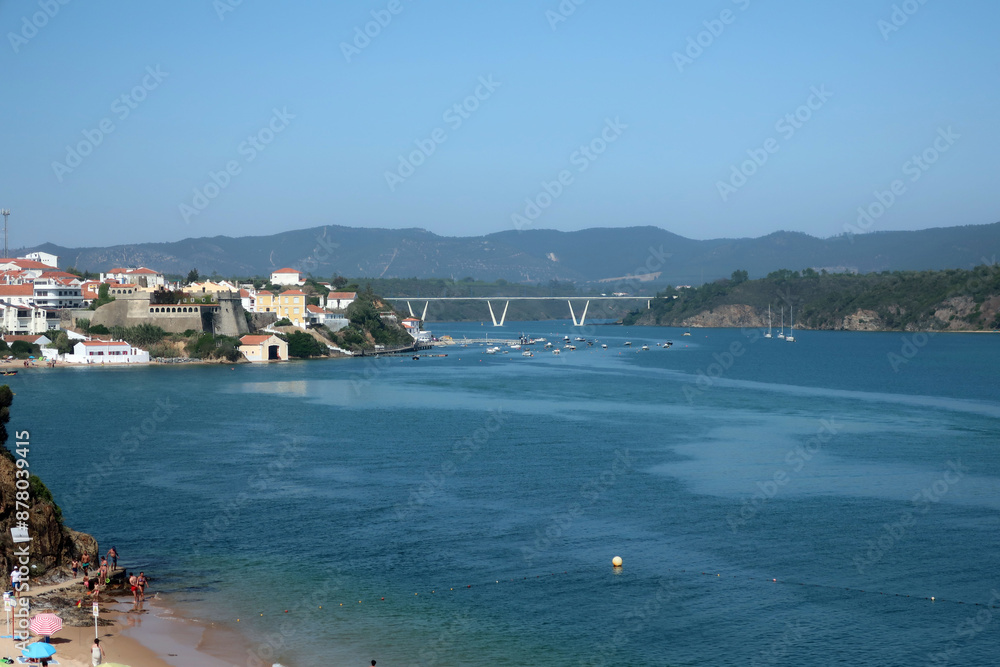 Vila Nova de Milfontes, Portugal. Mira River is a Portuguese river that rises in Almodôvar, Serra do Caldeirão, at an altitude of 470 m, and runs for about 130 km. Vila Nova de Milfontes, Portugal. Mira River is a Portuguese river that rises in Almodôvar, Serra do Caldeirão, at an altitude of 470 m, and runs for about 130 km.