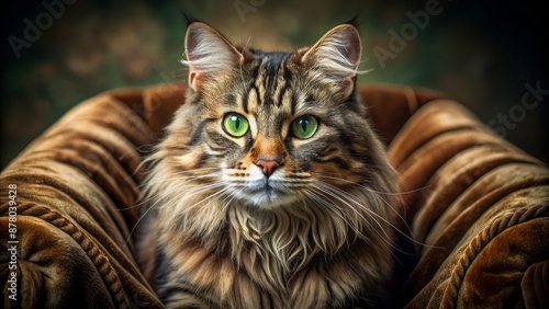 Adorable whiskered feline sitting on velvet cushion, gazing directly at camera with piercing green eyes and soft fluffy fur texture. photo