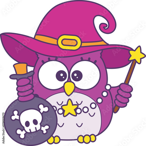 Sticker of violet owl daily activities.
Emoticon of cute owl in daily life.
Cute owl bought a magician potion and wear hat and stick witch.