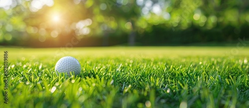 Close-up of a golf ball resting on a lush green fairway with a blurred background of sunlight and trees