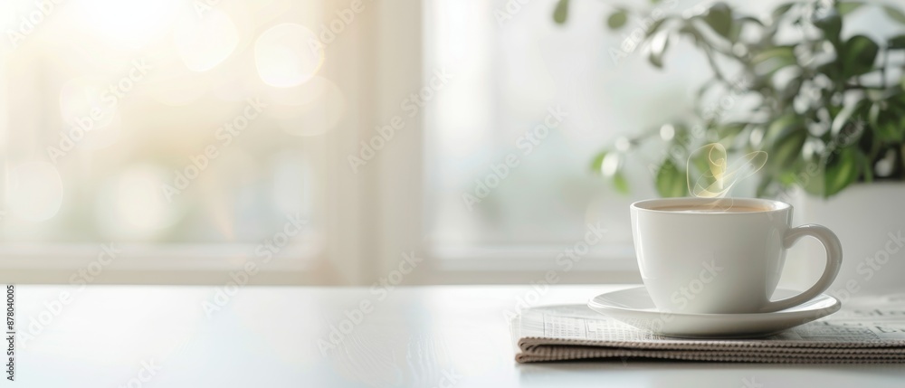 A serene morning scene with a steaming cup of coffee on a table next to a plant, with sunlight pouring through a window in the background. A serene morning scene with a steaming cup of coffee on a table next to a plant, with sunlight pouring through a window in the background.