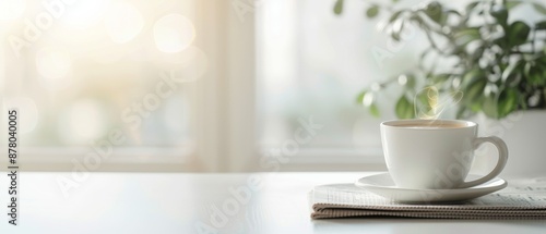 A serene morning scene with a steaming cup of coffee on a table next to a plant, with sunlight pouring through a window in the background. © nattapon98