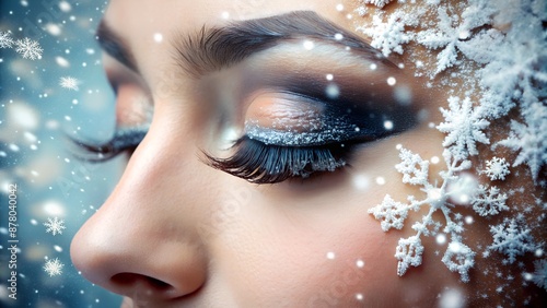 Closeup of a womans face with snowflakes on her eyelashes and cheek photo