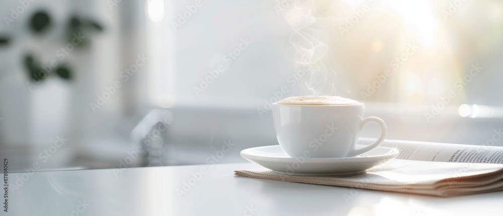 A steaming cup of coffee on a modern white kitchen counter with natural sunlight streaming through the window, creating a serene morning vibe. A steaming cup of coffee on a modern white kitchen counter with natural sunlight streaming through the window, creating a serene morning vibe.
