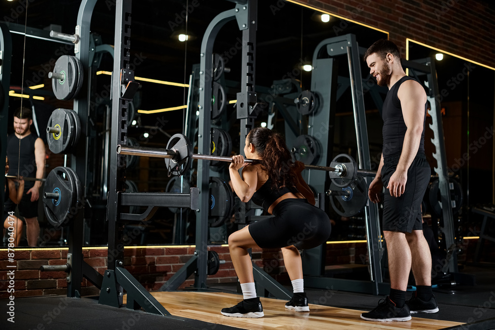 A personal trainer and a brunette sportswoman synchronously perform squats in a well-equipped gym. A personal trainer and a brunette sportswoman synchronously perform squats in a well-equipped gym.