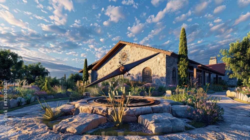 ranch house with a front garden that includes a large, custom-made sundial, accurately telling time with its shadow ranch house with a front garden that includes a large, custom-made sundial, accurately telling time with its shadow