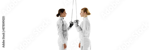 Banner. Two fencers face each other, their blades crossed in moment of mutual respect and competition against white studio background with negative space to insert text. Concept of sport, competition