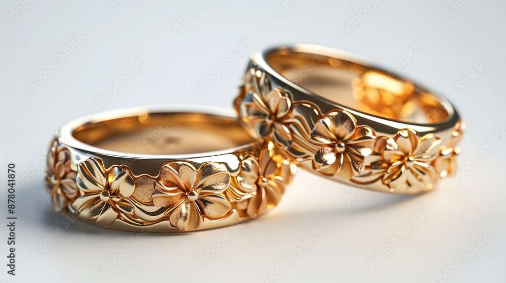 pair of golden wedding rings made of crystals on a bright background pair of golden wedding rings made of crystals on a bright background