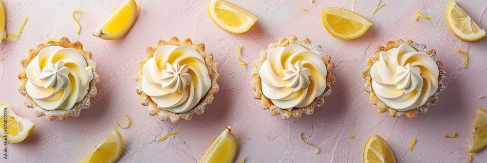 professional food photography: Tartlet with lemon cream and meringue, soft pastel, lots of copy space professional food photography: Tartlet with lemon cream and meringue, soft pastel, lots of copy space