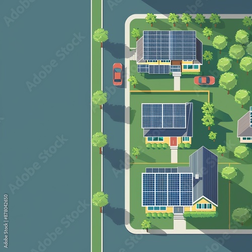 Solar panel installation site in a suburban neighborhood flat design top view eco-friendly cartoon drawing Triadic Color Scheme