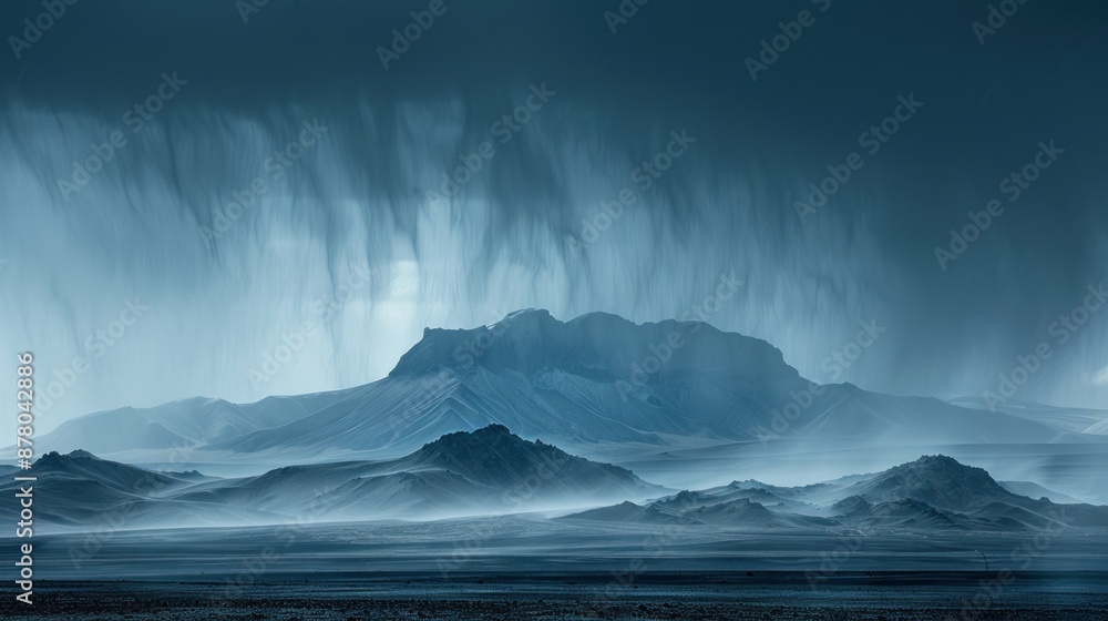 A majestic photo reveals a mountain range partially obscured by a curtain of rain. A majestic photo reveals a mountain range partially obscured by a curtain of rain.