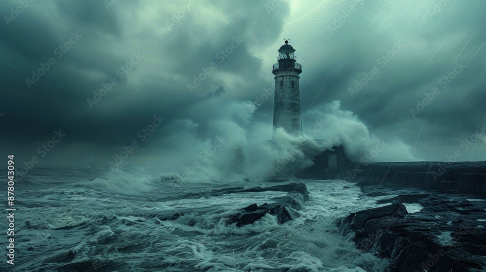 A dramatic photo presents a lighthouse standing strong against a backdrop of stormy seas and pouring rain. A dramatic photo presents a lighthouse standing strong against a backdrop of stormy seas and pouring rain.
