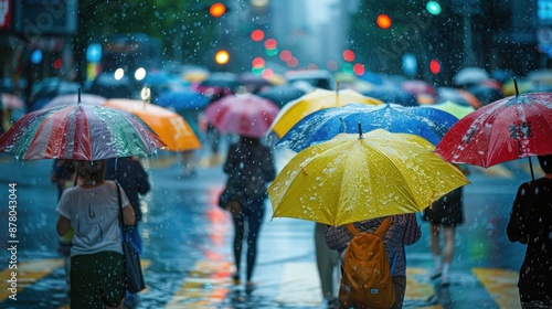 Wallpaper Mural A lively photo depicts people huddling under umbrellas at a busy street crossing during a downpour. Torontodigital.ca